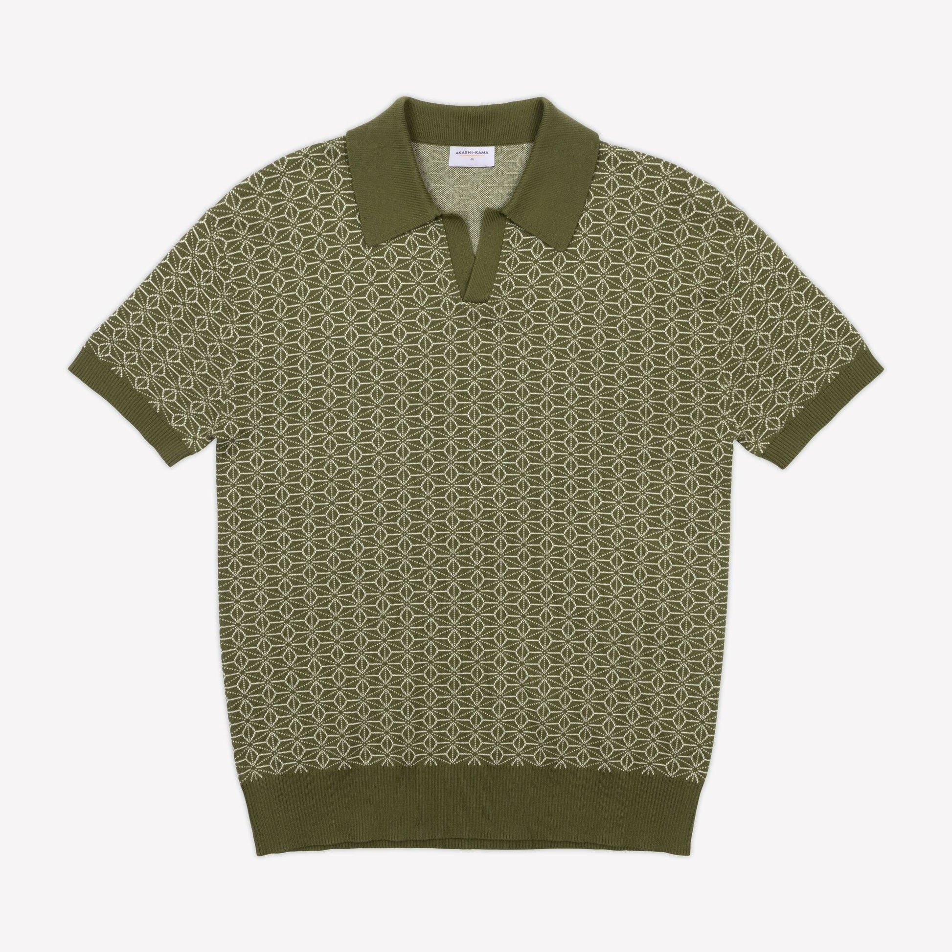 AKASHI-KAMA Ojii Knit Polo Shirt in Olive Asanoha | Japanese Pattern Knitwear 