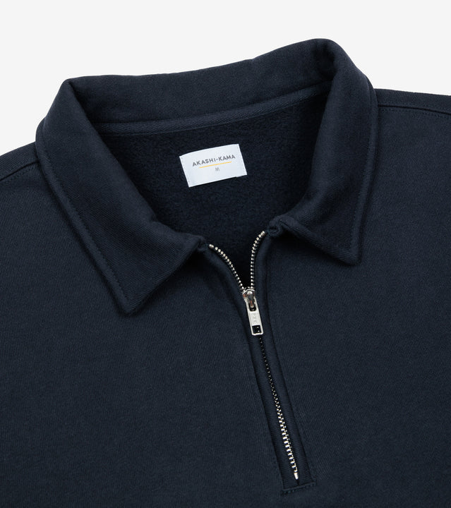 AKASHI-KAMA Quarter Zip Pullover Sweater with Collar and Zipper in dark navy blue