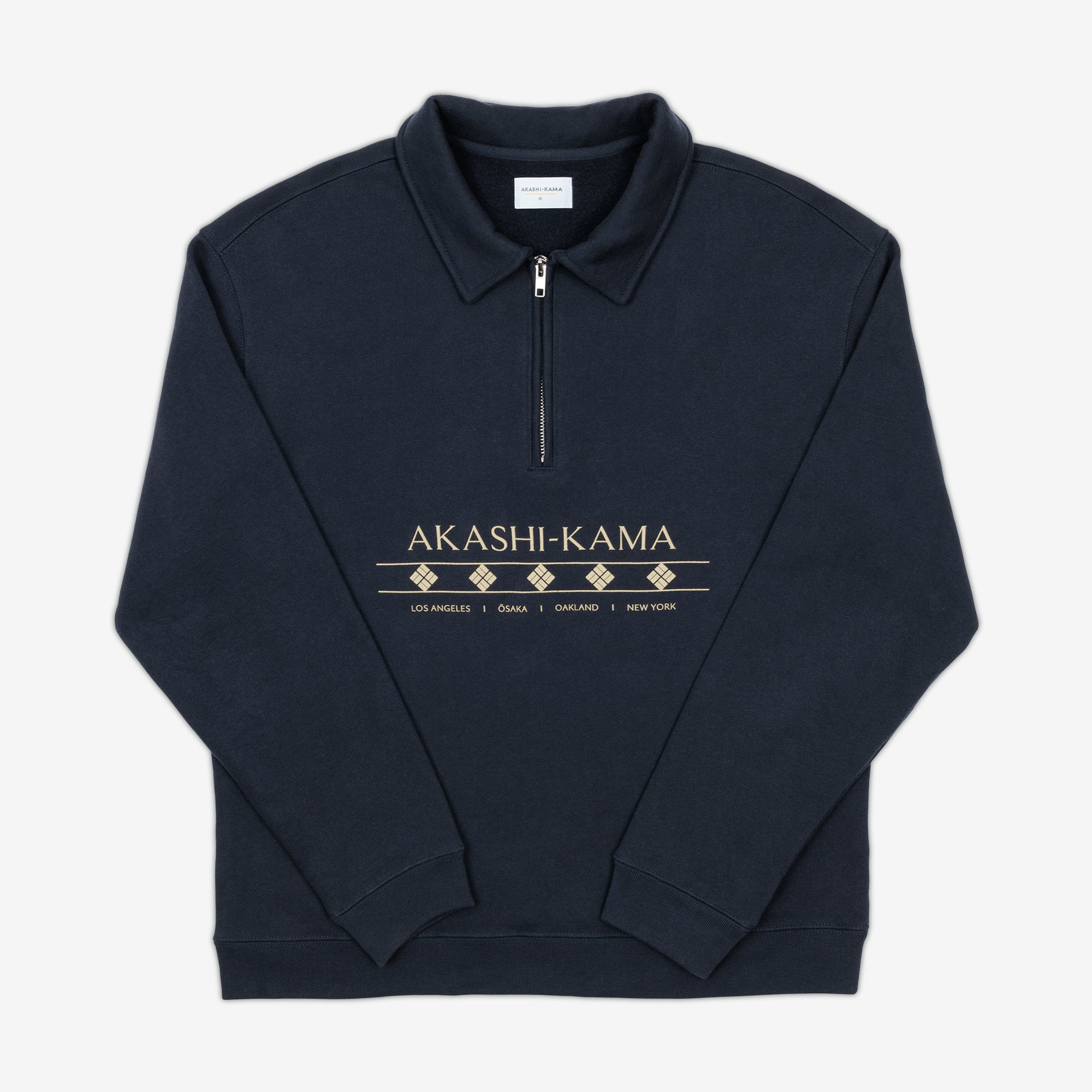 Quarter Zip Pullover Sweater in Navy Blue with Collar, Zipper, and AKASHI-KAMA in logo in off white beige