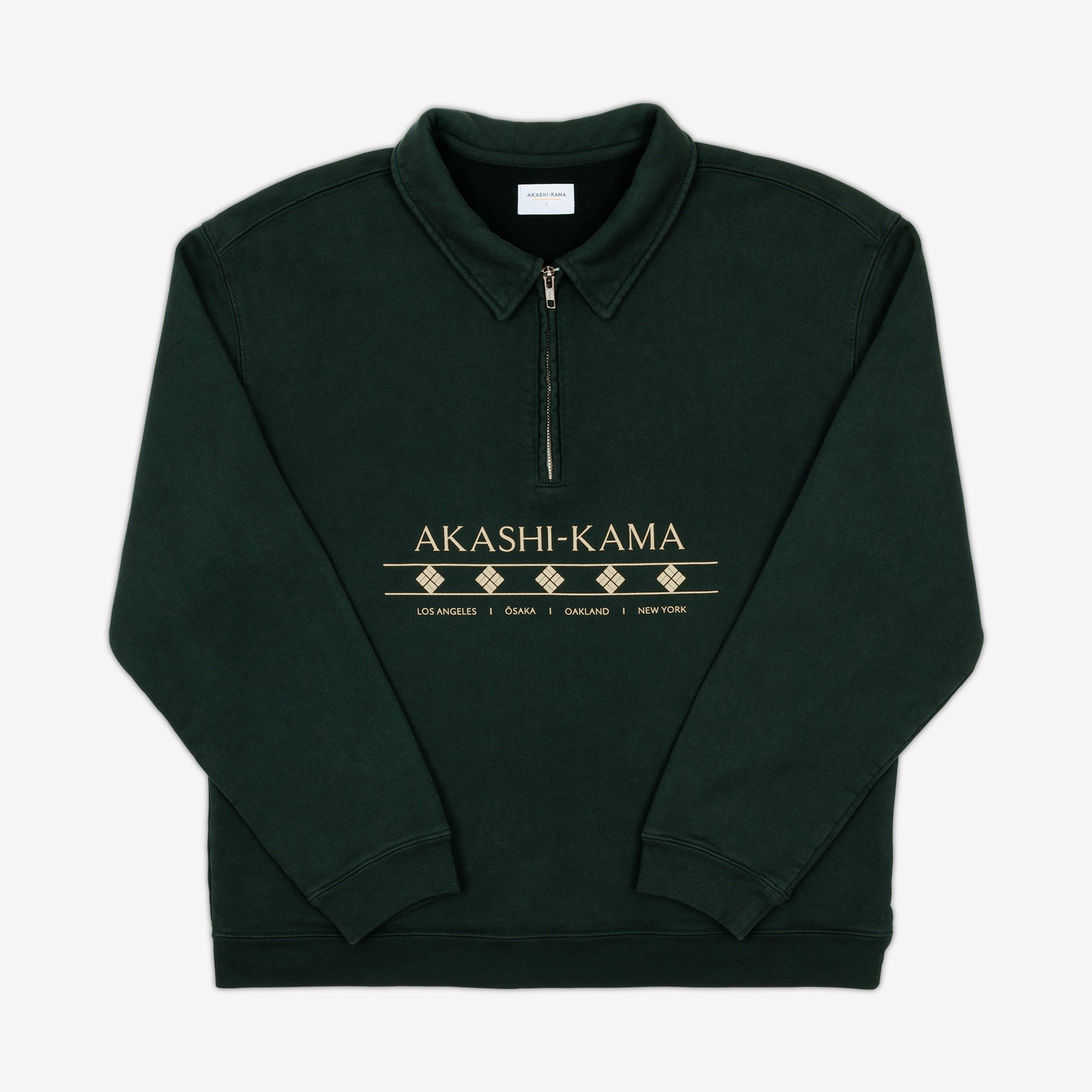 Quarter Zip Pullover Sweater with Collar, Zipper, and AKASHI-KAMA logo in Nori Green