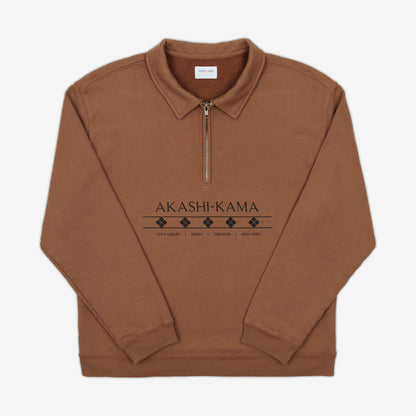 Quarter Zip Pullover Sweater in Tan Terracotta  with Collar, Zipper, and AKASHI-KAMA in logo in black