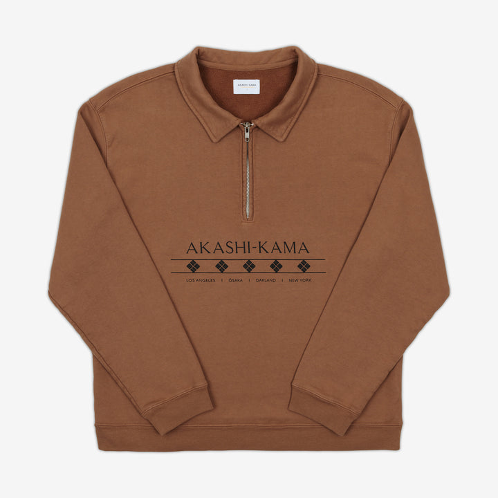 Quarter Zip Pullover Sweater in Tan Terracotta  with Collar, Zipper, and AKASHI-KAMA in logo in black