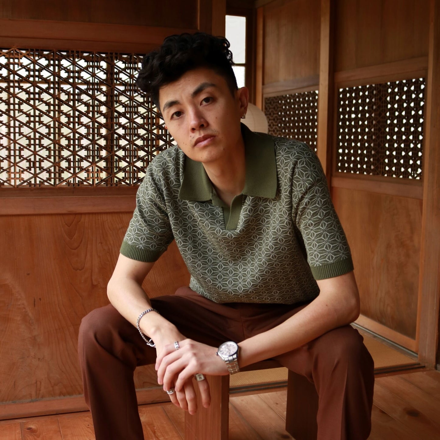 Ojii Olive Knit Polo | AKASHI-KAMA Japanese Streetwear