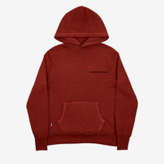 Stamped Logo AKASHI-KAMA Hoodie in Red Ember | Streetwear Garment Dye Sweatshirt Made in USA